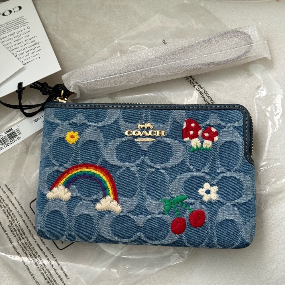Coach wristlet denim embroidery